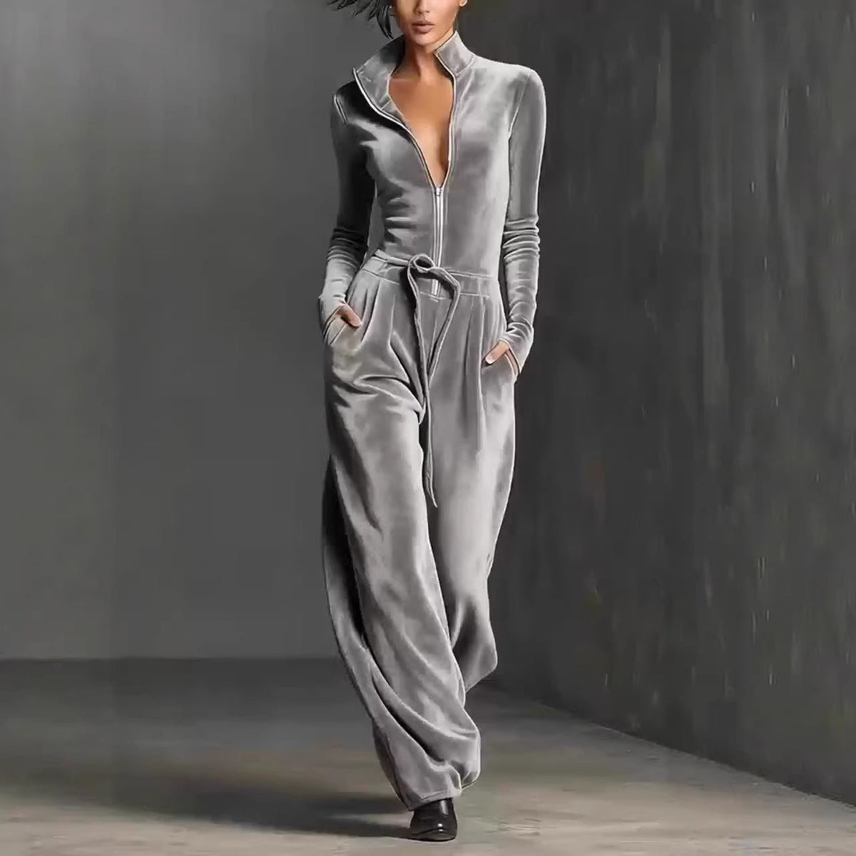Damen Jumpsuit Freizeit - Modischer Jumpsuit mit Reißverschluss in Silber {{ DaniFest }}
