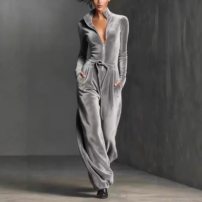 Damen Jumpsuit Freizeit - Modischer Jumpsuit mit Reißverschluss in Silber {{ DaniFest }}