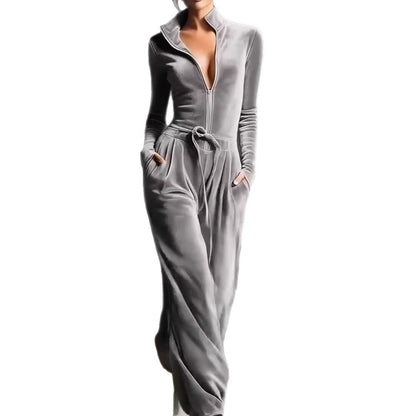 Damen Jumpsuit Freizeit - Modischer Jumpsuit mit Reißverschluss in Silber {{ DaniFest }}