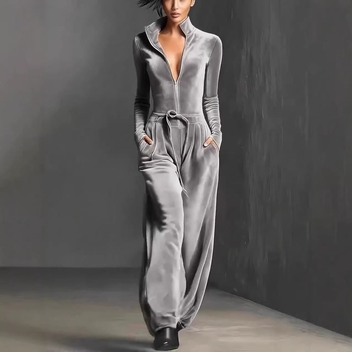 Damen Jumpsuit Freizeit - Modischer Jumpsuit mit Reißverschluss in Silber {{ DaniFest }}