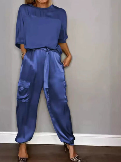 Damen Satin Zweiteiler – Elegantes Set mit Kurzarm-Oberteil &amp; Hose, Glänzend &amp; Bequem {{ DaniFest }}
