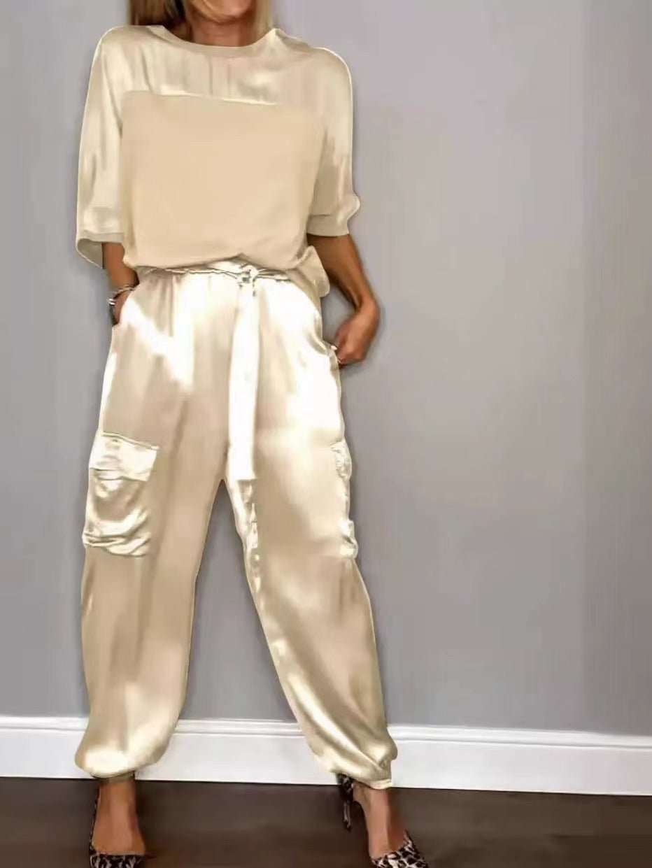 Damen Satin Zweiteiler – Elegantes Set mit Kurzarm-Oberteil &amp; Hose, Glänzend &amp; Bequem {{ DaniFest }}