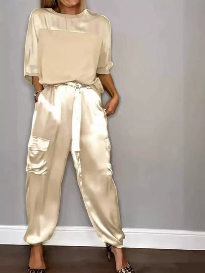Damen Satin Zweiteiler – Elegantes Set mit Kurzarm-Oberteil &amp; Hose, Glänzend &amp; Bequem {{ DaniFest }}