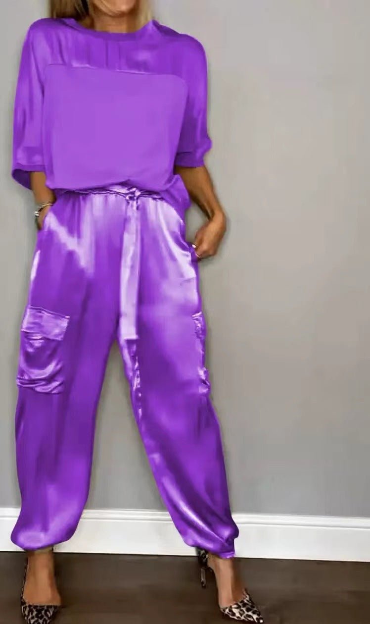 Damen Satin Zweiteiler – Elegantes Set mit Kurzarm-Oberteil &amp; Hose, Glänzend &amp; Bequem {{ DaniFest }}