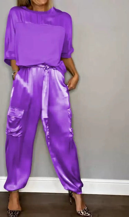Damen Satin Zweiteiler – Elegantes Set mit Kurzarm-Oberteil &amp; Hose, Glänzend &amp; Bequem {{ DaniFest }}