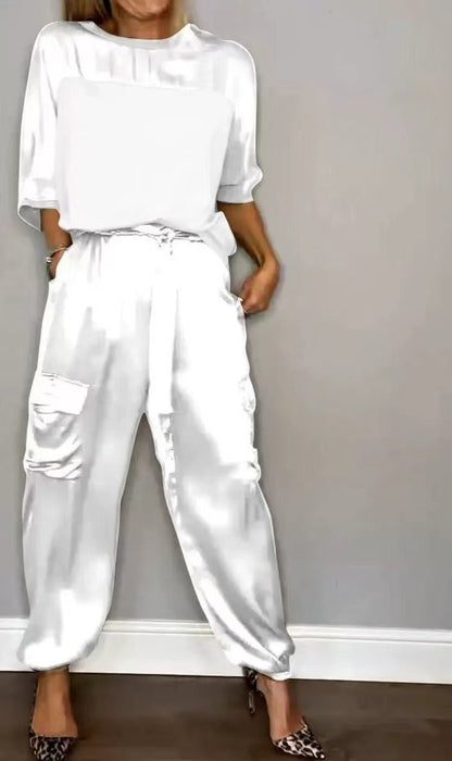 Damen Satin Zweiteiler – Elegantes Set mit Kurzarm-Oberteil &amp; Hose, Glänzend &amp; Bequem {{ DaniFest }}