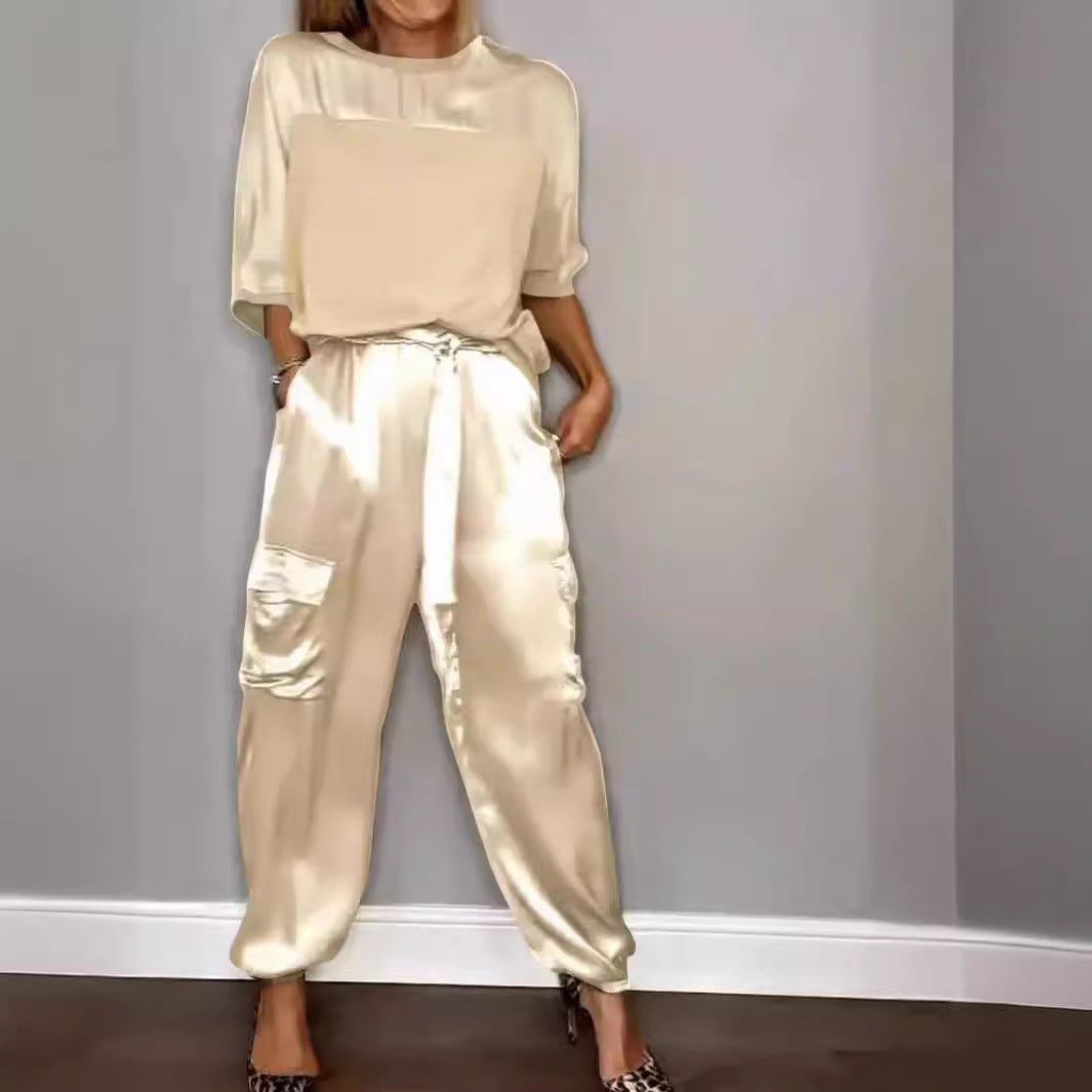 Damen Satin Zweiteiler – Elegantes Set mit Kurzarm-Oberteil &amp; Hose, Glänzend &amp; Bequem {{ DaniFest }}