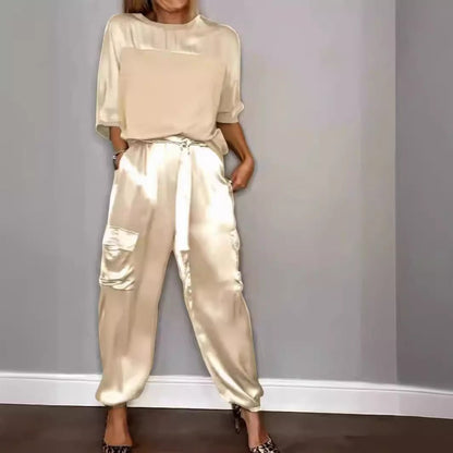 Damen Satin Zweiteiler – Elegantes Set mit Kurzarm-Oberteil &amp; Hose, Glänzend &amp; Bequem {{ DaniFest }}