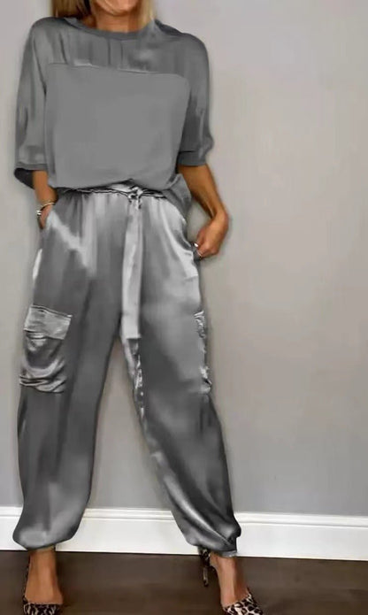 Damen Satin Zweiteiler – Elegantes Set mit Kurzarm-Oberteil &amp; Hose, Glänzend &amp; Bequem {{ DaniFest }}