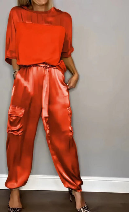 Damen Satin Zweiteiler – Elegantes Set mit Kurzarm-Oberteil &amp; Hose, Glänzend &amp; Bequem {{ DaniFest }}