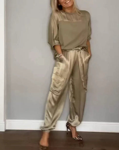 Damen Satin Zweiteiler – Elegantes Set mit Kurzarm-Oberteil &amp; Hose, Glänzend &amp; Bequem {{ DaniFest }}