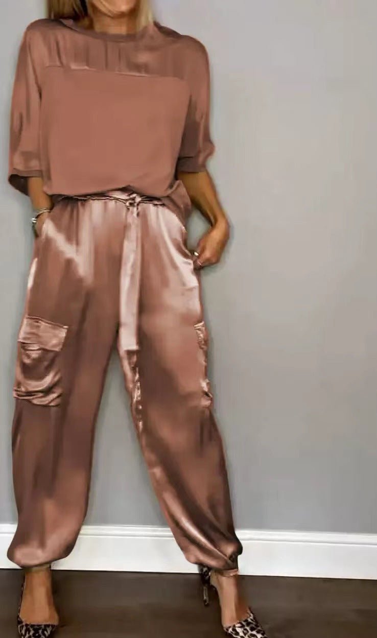 Damen Satin Zweiteiler – Elegantes Set mit Kurzarm-Oberteil &amp; Hose, Glänzend &amp; Bequem {{ DaniFest }}