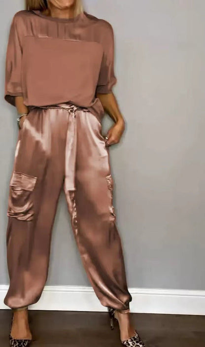 Damen Satin Zweiteiler – Elegantes Set mit Kurzarm-Oberteil &amp; Hose, Glänzend &amp; Bequem {{ DaniFest }}