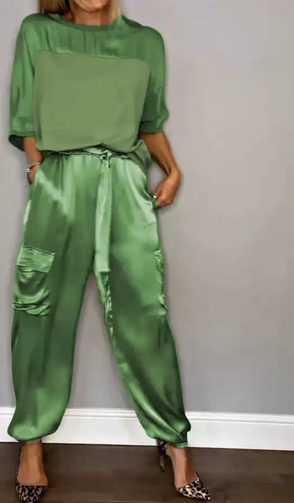 Damen Satin Zweiteiler – Elegantes Set mit Kurzarm-Oberteil &amp; Hose, Glänzend &amp; Bequem {{ DaniFest }}