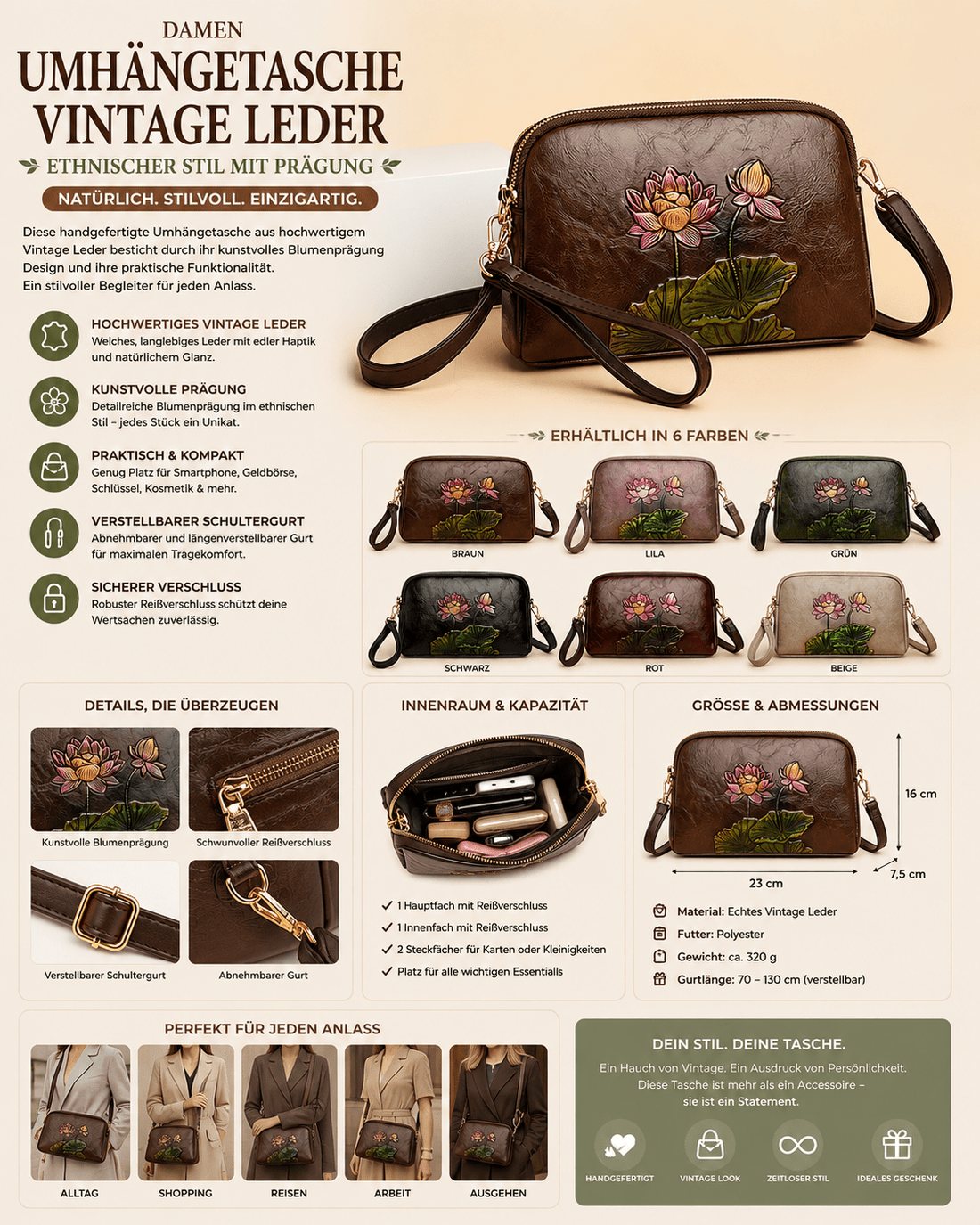 Damen Umhängetasche Vintage Leder – Ethnischer Stil mit Prägung {{ DaniFest }}