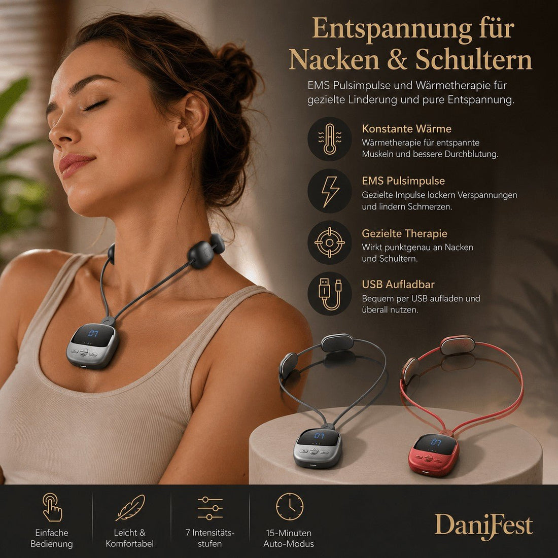 DaniFest Nackenmassagegerät mit EMS-Puls-Technologie und Wärmefunktion in Grau und Rot für entspannte Schultern