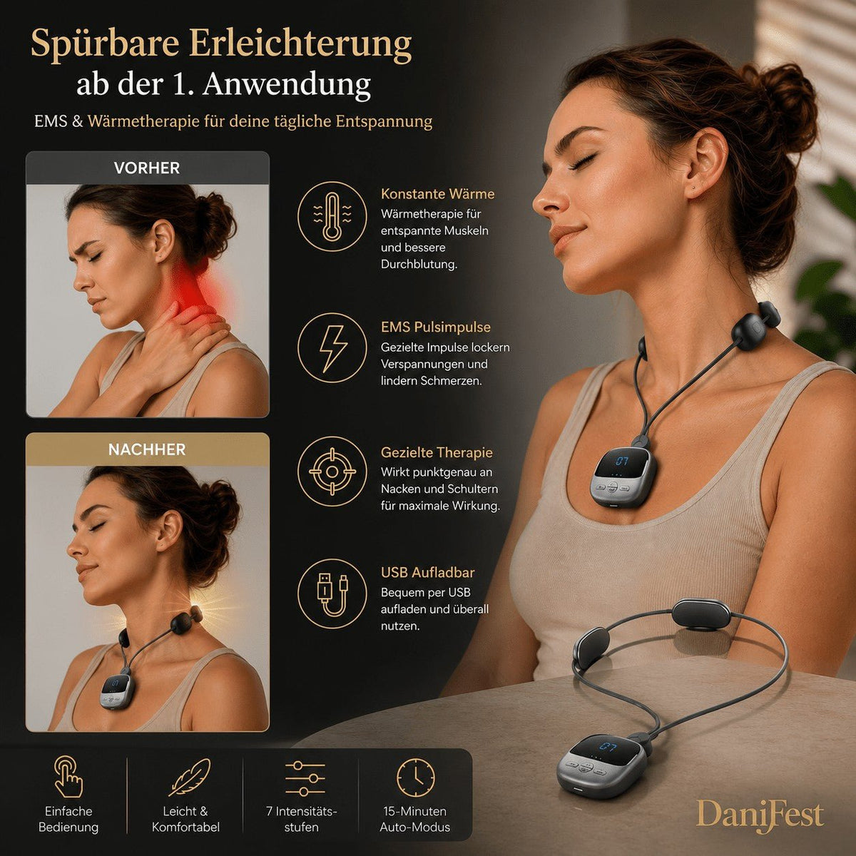 DaniFest Nackenmassagegerät mit EMS-Puls-Technologie und Wärmefunktion zur Entspannung von Nacken und Schultern