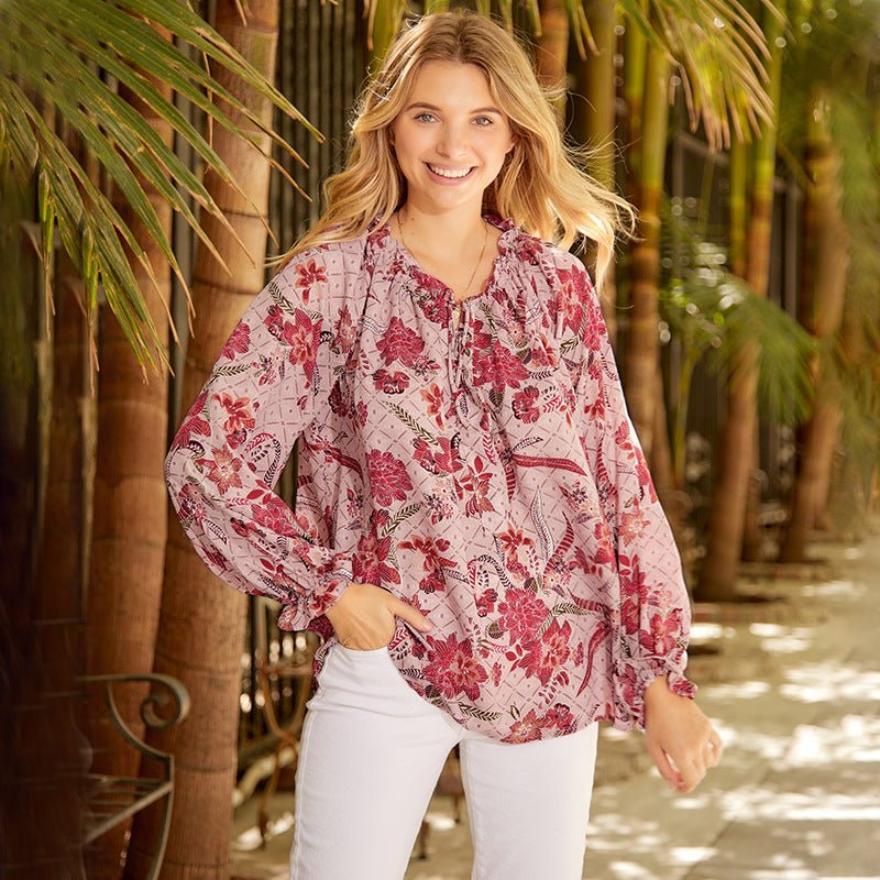 Elegante Chiffon-Bluse mit V-Ausschnitt und Trompetenärmeln {{ DaniFest }}