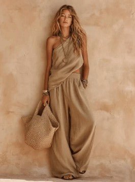 DaniFest Zweiteiliges Set aus beigem Leinen-Baumwoll-Mix mit One-Shoulder-Top und weiter Hose im Boho-Stil