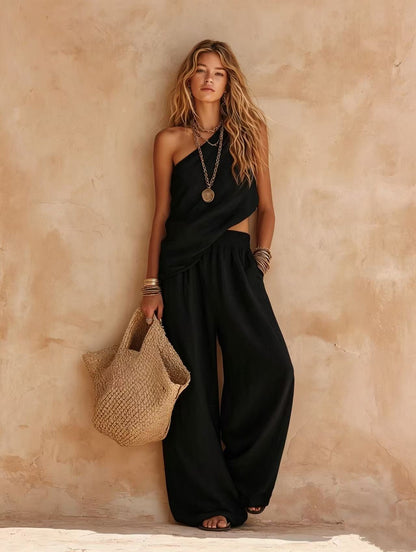 DaniFest Zweiteiliges Set in Schwarz mit One-Shoulder-Top und weiter Hose aus Leinen-Baumwoll-Mix