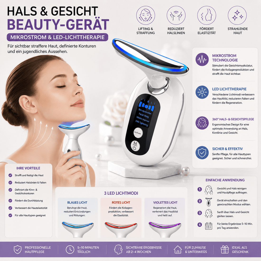 Hals &amp; Gesicht Beauty-Gerät – Mikrostrom &amp; LED Lichttherapie für straffere Haut und jugendliches Aussehen {{ DaniFest }}