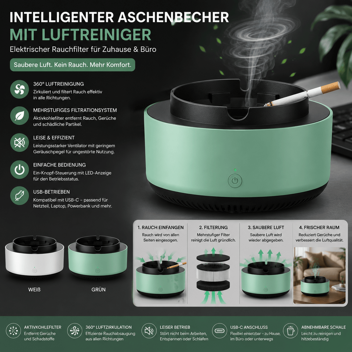 Elektrischer Aschenbecher mit Luftfilter – Rauchfilter Aschenbecher für Zuhause &amp; Büro, Geruchsreduzierend {{ DaniFest }}