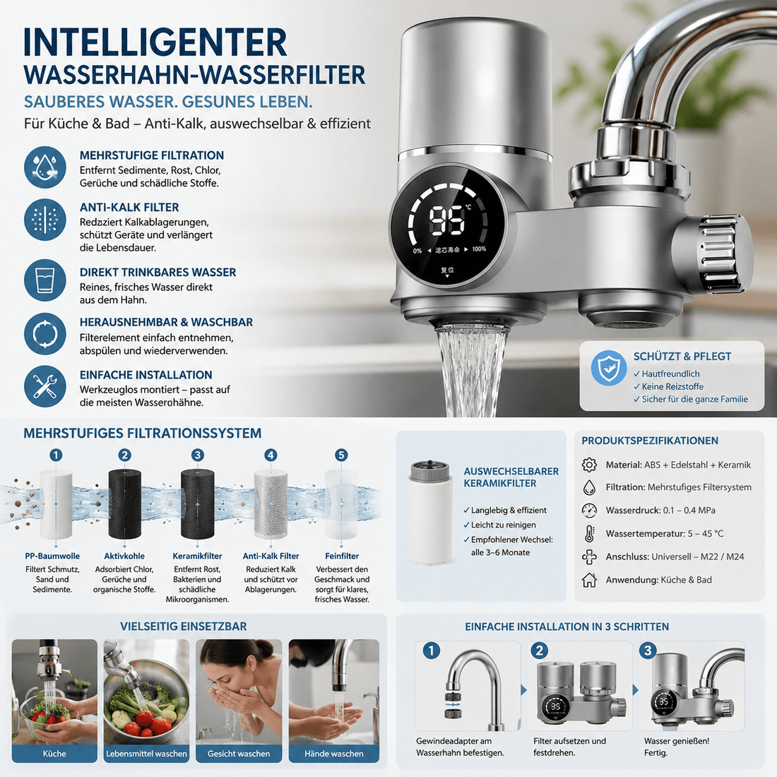 Wasserhahn Wasserfilter mit Keramik – Austauschbarer Kalkfilter für Küche &amp; Bad {{ DaniFest }}