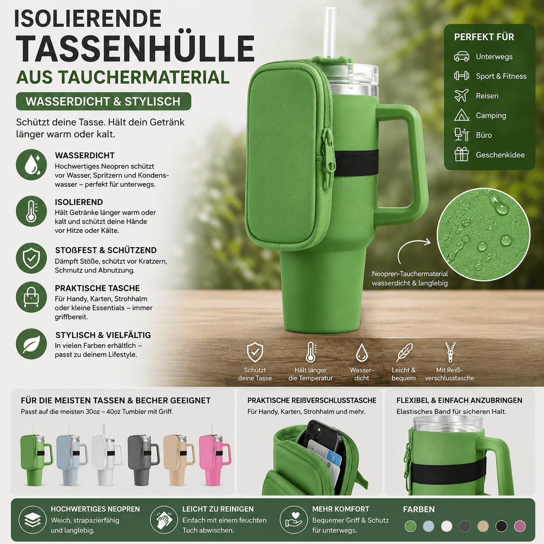 Isolierende Neopren Tassenhülle – Wasserdicht, Wiederverwendbar & 2-in-1 Becherhalter mit Geldfach {{ DaniFest }}