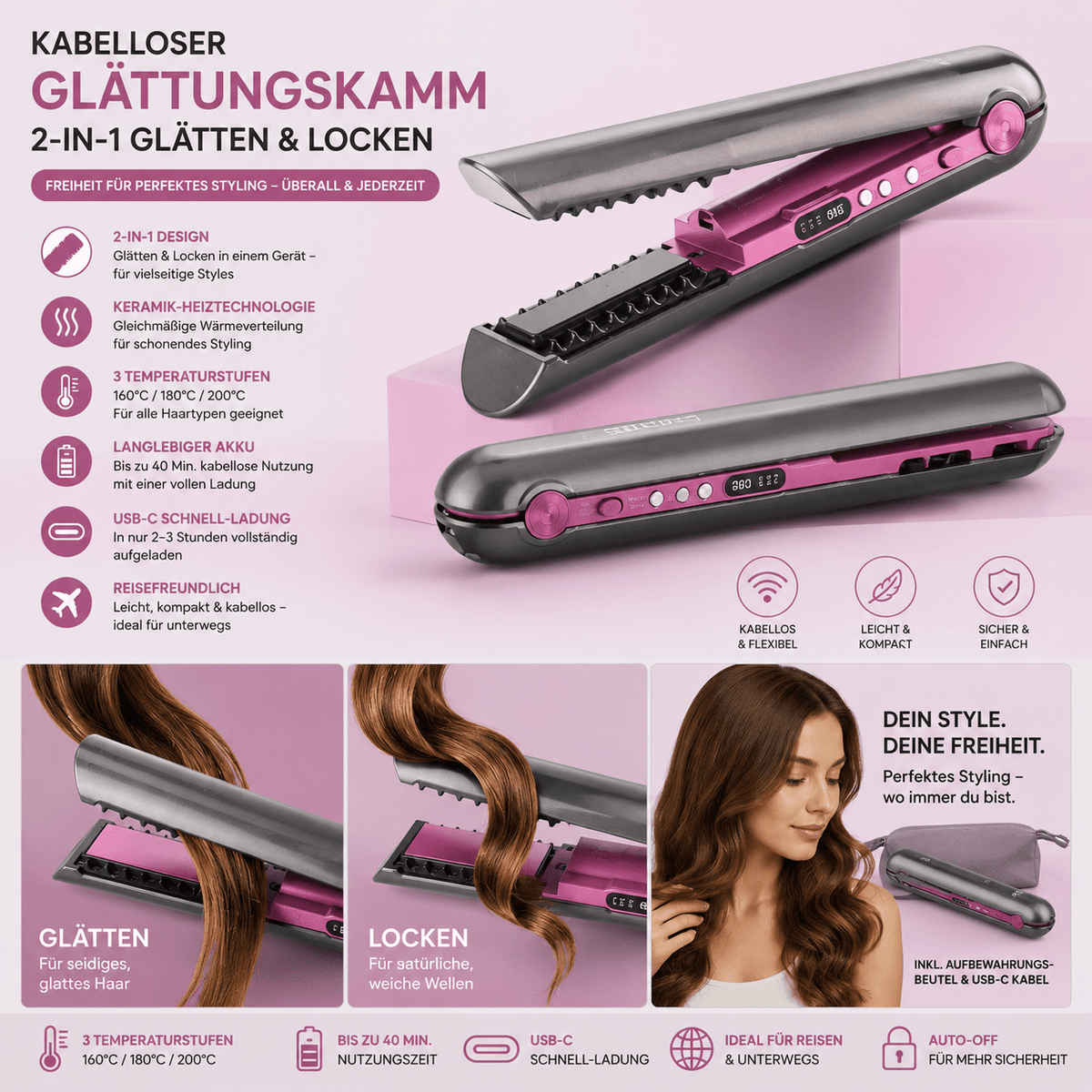 Kabelloser Glättungskamm USB – 2-in-1 Haarglätter &amp; Lockenstyler, Tragbarer Stylingkamm für Glatte Haare &amp; Locken unterwegs {{ DaniFest }}
