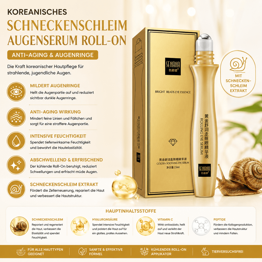 Koreanisches Schneckenschleim Augenserum – Roll-on Verpackung