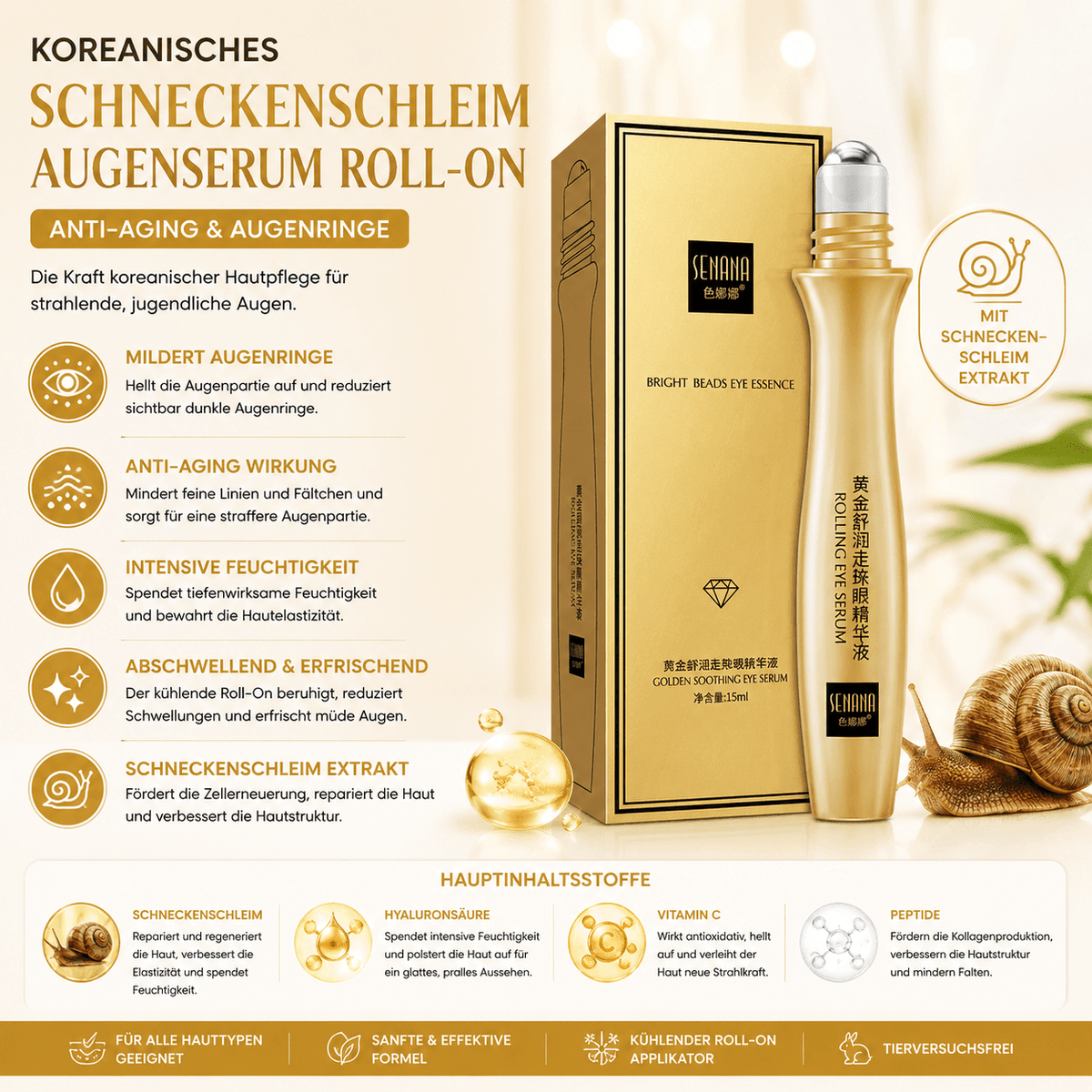 Koreanisches Schneckenschleim Augenserum – Roll-on Verpackung