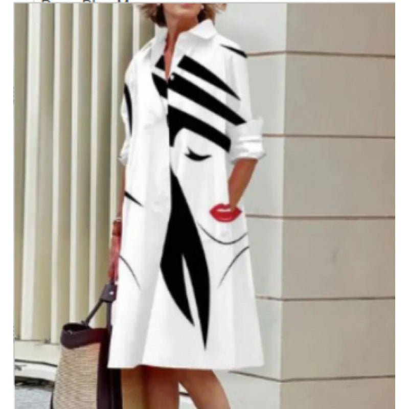 DaniFest Hemdblusenkleid in Weiß mit künstlerischem Schwarz-Weiß-Print und roten Lippen, lockere Passform mit Taschen