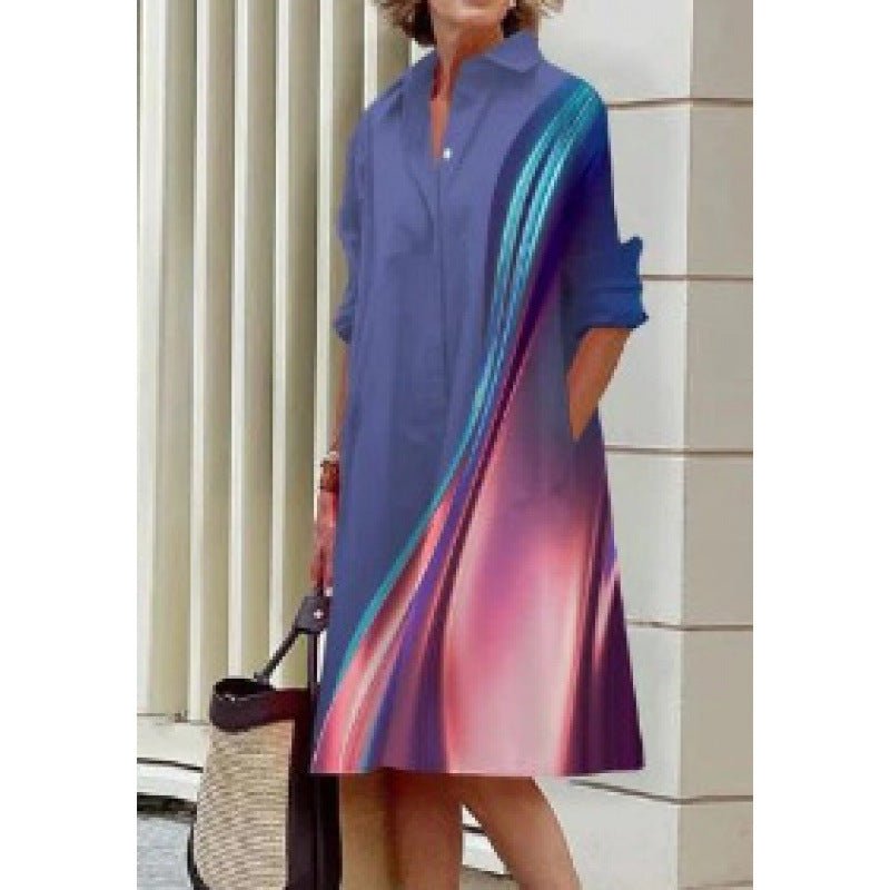 DaniFest Hemdblusenkleid in Blau mit abstraktem pink-türkisem Farbverlauf, Kragen, Knopfleiste und Seitentaschen
