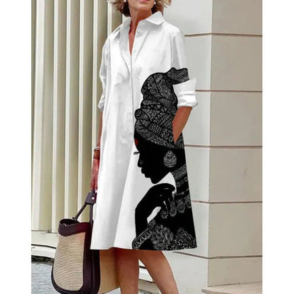 DaniFest Hemdblusenkleid in Weiß mit künstlerischem schwarzem Frauen-Print, Kragen, Knopfleiste und Seitentaschen