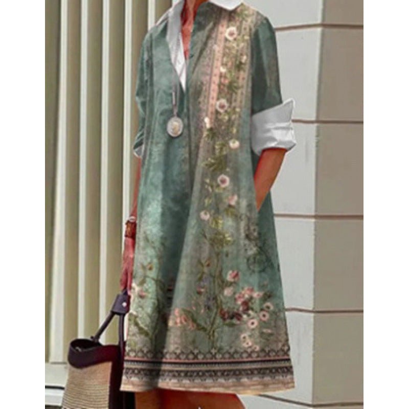DaniFest Hemdblusenkleid in Salbeigrün mit floralem Print, Kragen, Knopfleiste und praktischen Seitentaschen