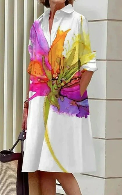 DaniFest Hemdblusenkleid in Weiß mit buntem, abstraktem Blumen-Print, Kragen, Knopfleiste und praktischen Seitentaschen