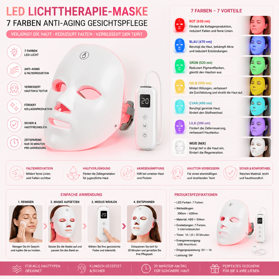 LED Lichttherapie-Maske – 7-farbige Anti-Aging Behandlung {{ Stilwerk }}