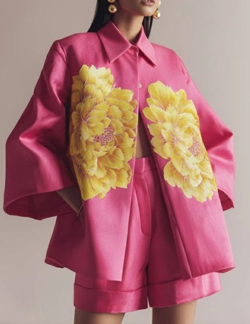 Luxus Satin Jacke & Shorts Set – Florales Print Design {{ DaniFest }}