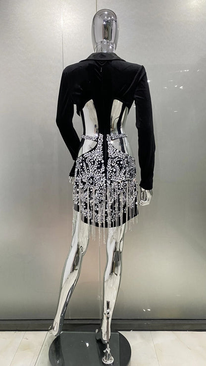 Luxuriöses Pailletten-Fransen-Minikleid – Blazer-Stil mit tiefem V-Ausschnitt und Rock mit Kristallquasten (Elegantes Partykleid) {{ DaniFest }}