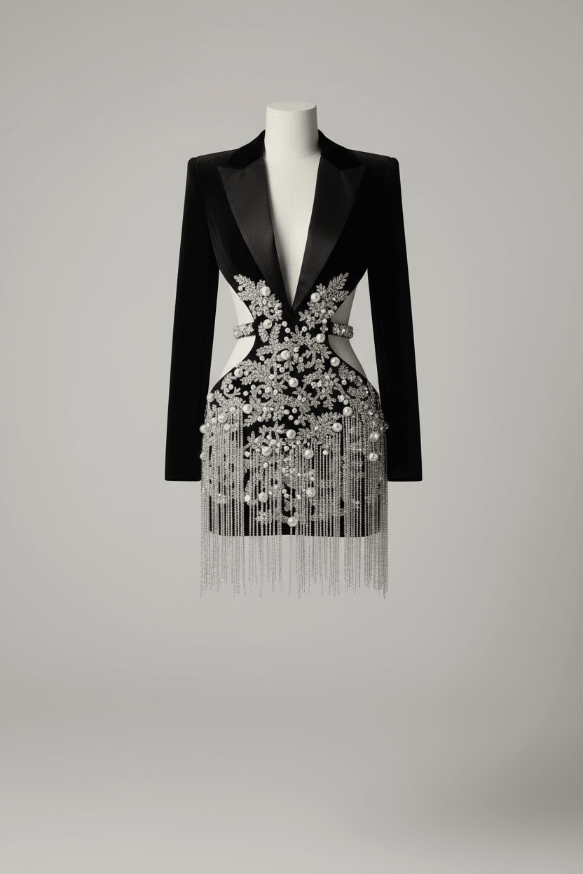 Luxuriöses Pailletten-Fransen-Minikleid – Blazer-Stil mit tiefem V-Ausschnitt und Rock mit Kristallquasten (Elegantes Partykleid) {{ DaniFest }}