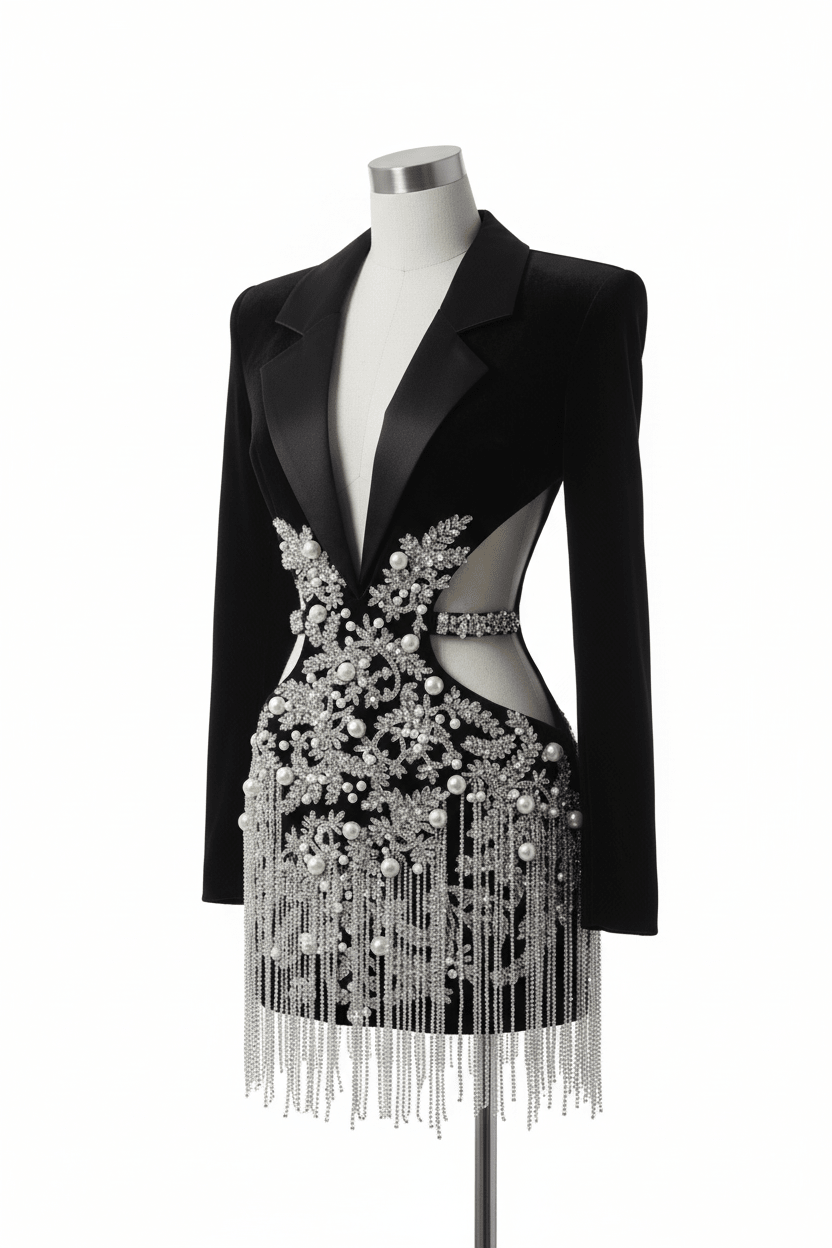 Luxuriöses Pailletten-Fransen-Minikleid – Blazer-Stil mit tiefem V-Ausschnitt und Rock mit Kristallquasten (Elegantes Partykleid) {{ DaniFest }}