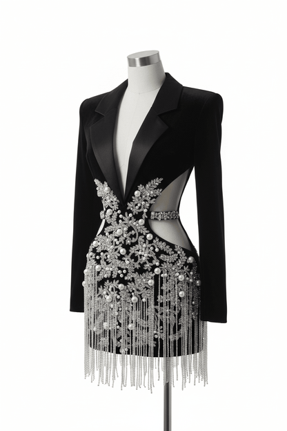 Luxuriöses Pailletten-Fransen-Minikleid – Blazer-Stil mit tiefem V-Ausschnitt und Rock mit Kristallquasten (Elegantes Partykleid) {{ DaniFest }}