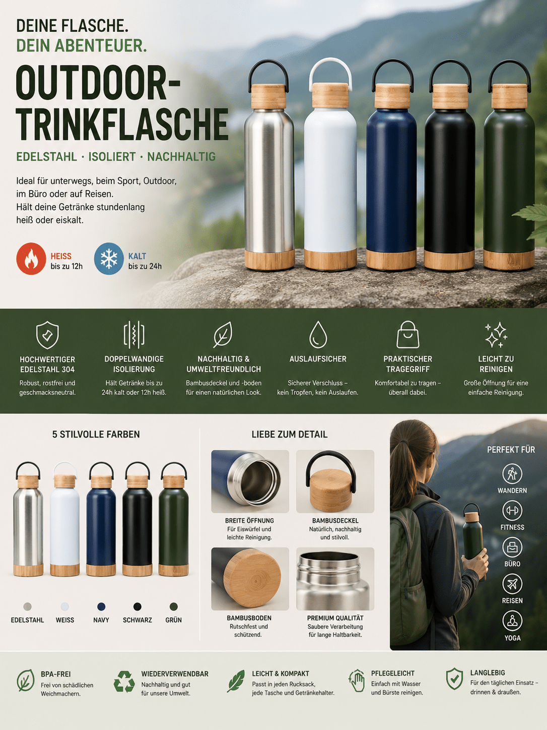 Edelstahl Trinkflasche isoliert mit Bambusdeckel für Outdoor-Aktivitäten {{ DaniFest }}