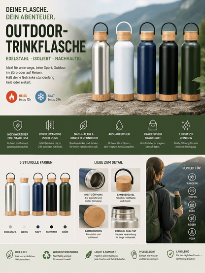 Edelstahl Trinkflasche isoliert mit Bambusdeckel für Outdoor-Aktivitäten {{ DaniFest }}