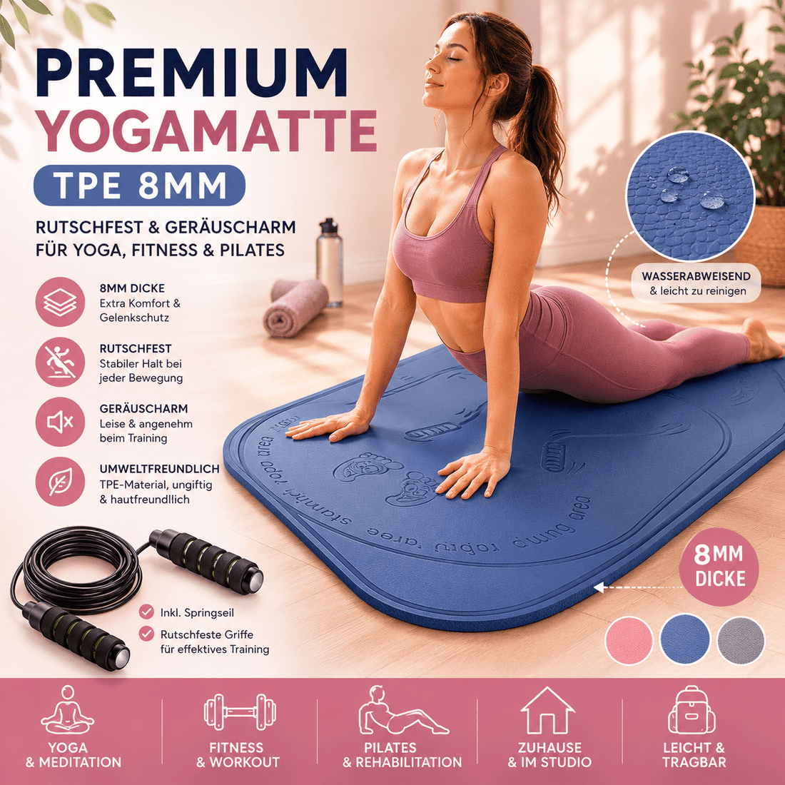 Erlebe das Yoga-Feeling mit der Premium Yogamatte TPE 8mm – Komfort, Grip und Ruhe für dein Training {{ DaniFest }}