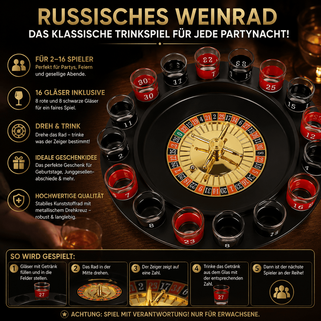 Trinkspiel Weinrad mit 16 Gläsern – Interaktives Partyspiel für Erwachsene {{ DaniFest }}