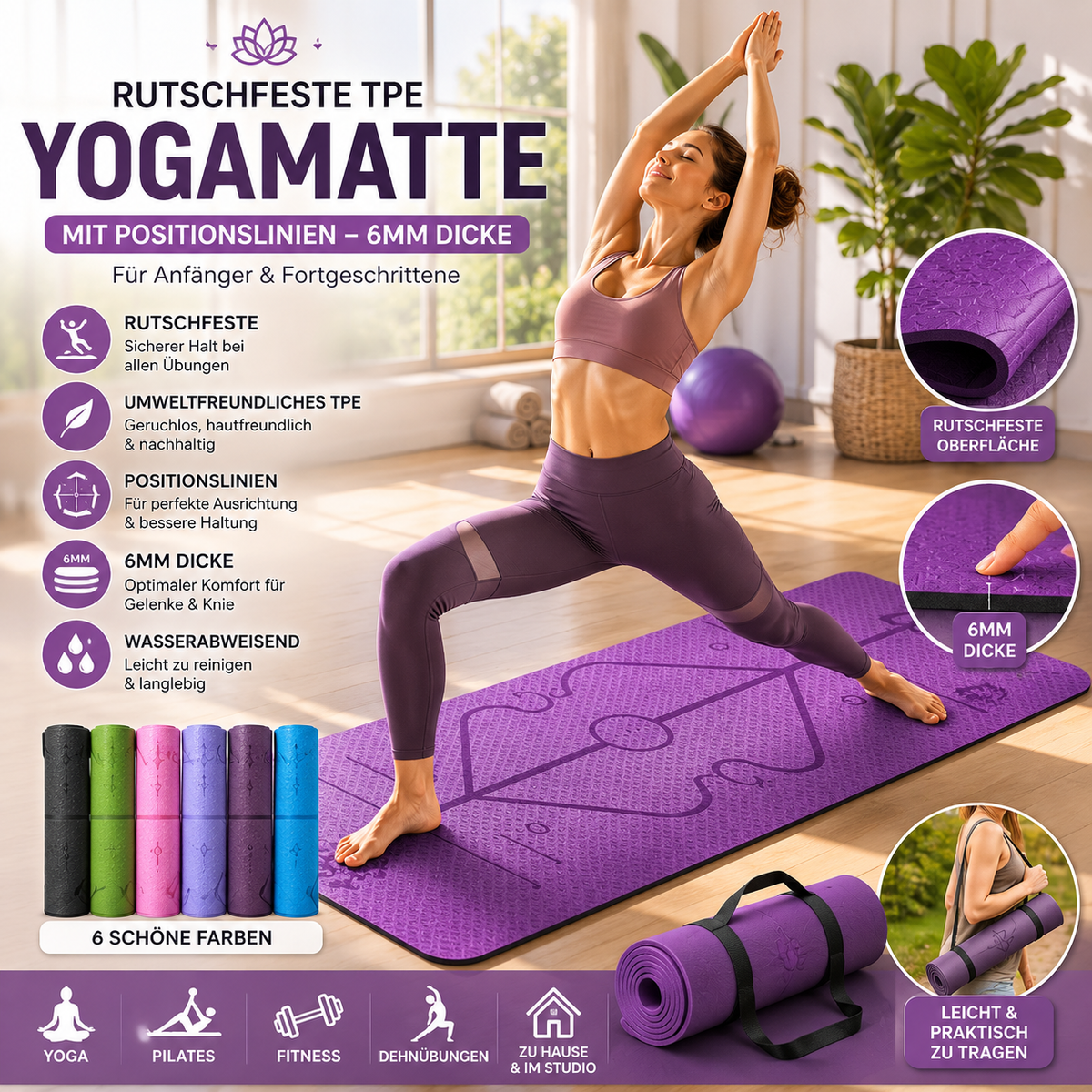Rutschfeste TPE Yogamatte mit Positionslinien – Perfekter Halt für Yoga und Fitness {{ DaniFest }}