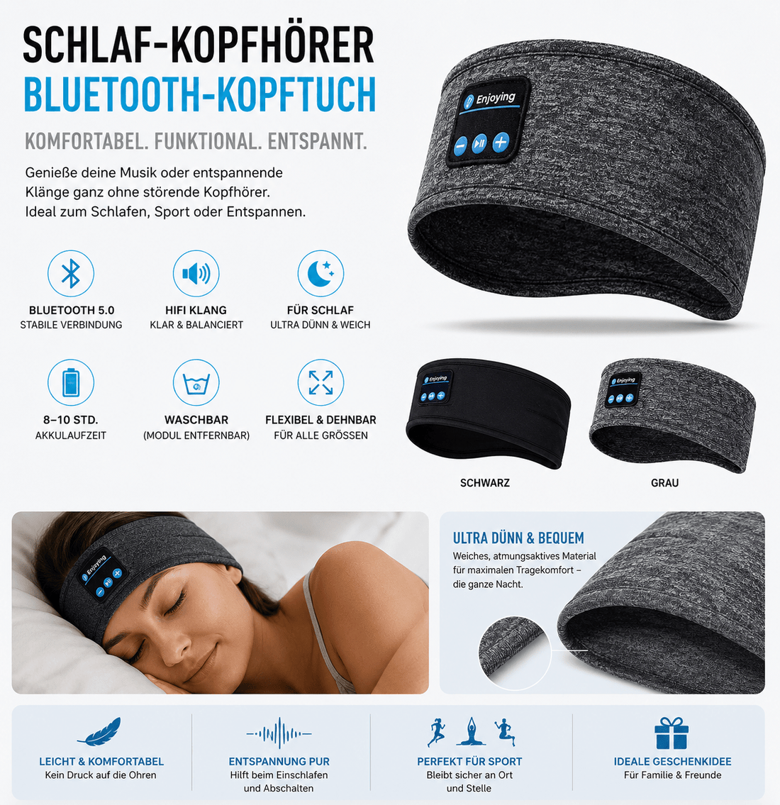 Bluetooth Schlafkopfhörer Kopftuch in Schwarz