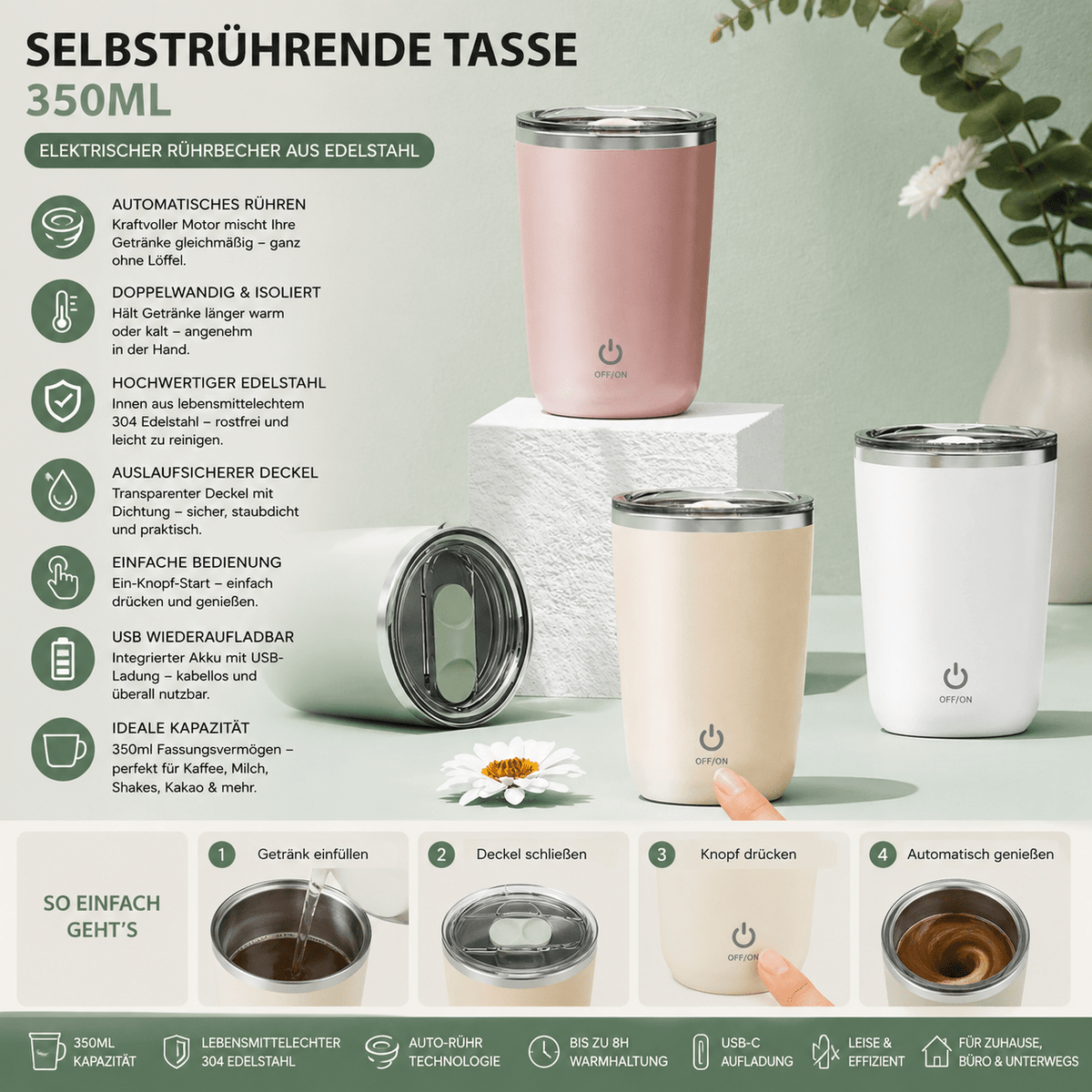 Selbstumrührender Becher 350 ml – Automatischer Mischbecher für Kaffee, Tee &amp; Protein {{ DaniFest }}