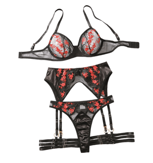 Sexy Dessous Set mit Stickerei &amp; Unterbügel – Spitze &amp; Tüll (4-teilig) {{ DaniFest }}